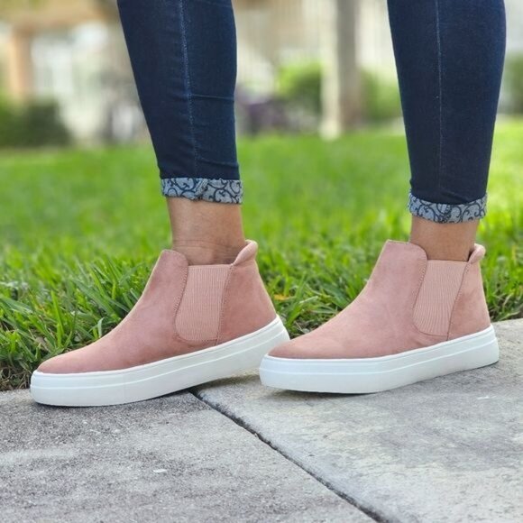 Women's Chelsea Shoes Slip On Canvas High Top Sneakers - Picture 4 of 5